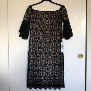 Sharagano Black lace off the shoulder dress